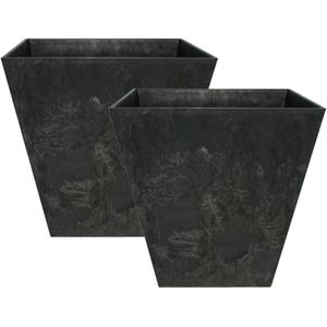 Set van 2x stuks bloempot/plantenpot vierkant van gerecycled kunststof zwart D25 en H25 cm