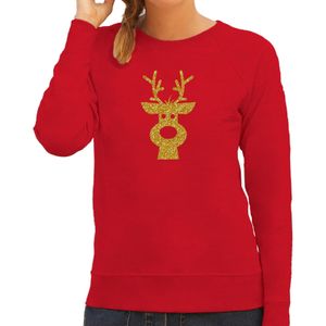 Rendier hoofd Kerst sweater / trui rood voor dames met gouden glitter bedrukking