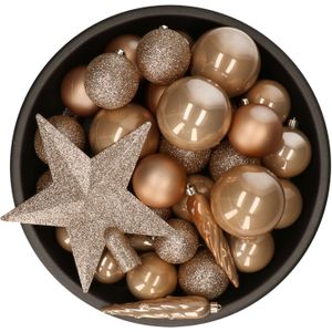 Set van 33x stuks kunststof kerstballen met ster piek toffee bruin mix