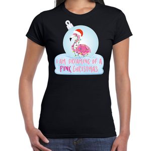 Zwart Kerstshirt / Kerstkleding I am dreaming of a pink Christmas voor dames met flamingo kerstbal
