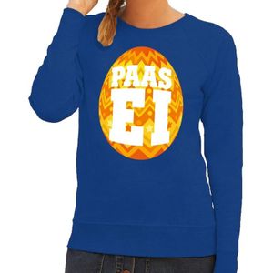 Pasen sweater blauw met oranje paasei voor dames