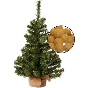 Mini kerstboom groen met verlichting - in jute zak - H60 cm - okergeel