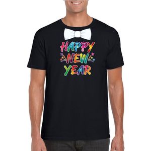 Gekleurde happy new year met strikje t-shirt zwart voor heren