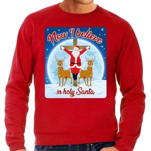 Foute kerstborrel trui / kersttrui Now i believe in holy Santa rood voor heren