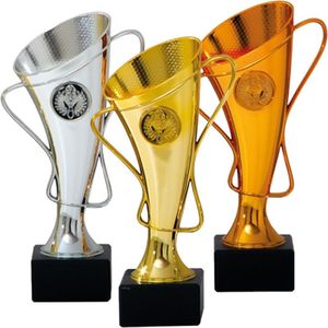 Luxe trofee/prijs bekers - 3x - brons/goud/zilver - metaal - 20 x 10 cm