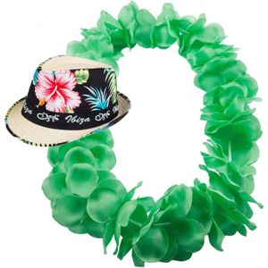 Hawaii thema party verkleedset - Trilby strohoedje - bloemenkrans fluor groen - Tropical toppers