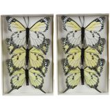 Decoris decoratie vlinders op clip - 6x - lichtgeel - 12 x 8 cm