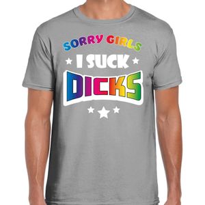 Bellatio Decorations Gay Pride T-shirt voor heren - sorry girls i suck dicks - grijs - regenboog