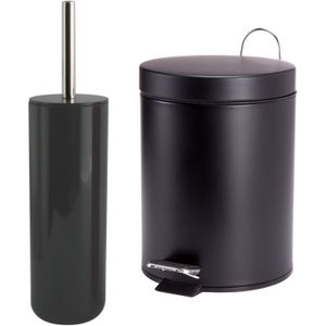 MSV Badkamer accessoires set - zwart - pedaalemmer 5L en wc/toilet-borstel - metaal/kunststof