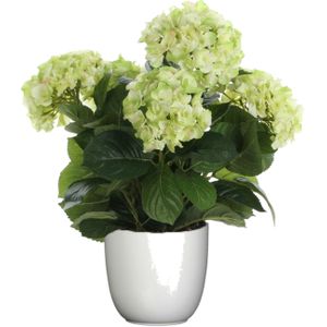 Hortensia kunstplant/kunstbloemen 45 cm - groen - in pot wit