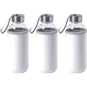 6x Stuks glazen waterfles/drinkfles met witte softshell bescherm hoes 420 ml