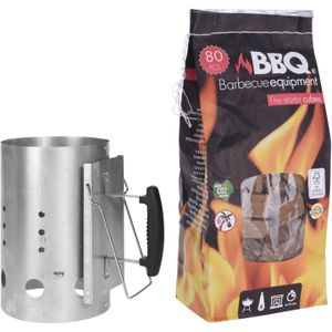 BBQ briketten/houtskool starter met kunststoffen handvat 30 cm met 80x BBQ aanmaakblokjes