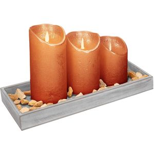 Houten dienblad met 3 LED kaarsen in de kleur koper 14 x 40 cm