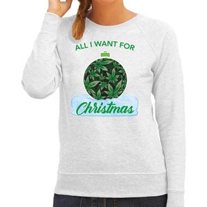 Grijze Kersttrui / Kerstkleding All i want for christmas voor dames met wiet kerstbal