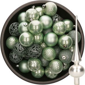 37x stuks kunststof kerstballen 6 cm mintgroen incl. glazen piek mat zilver
