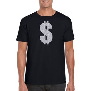 Verkleedkleding gangster / zilveren dollar t-shirt zwart voor heren