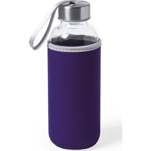Glazen waterfles/drinkfles met paarse softshell bescherm hoes 420 ml