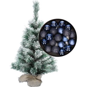 Besneeuwde mini kerstboom/kunst kerstboom 35 cm met kerstballen donkerblauw