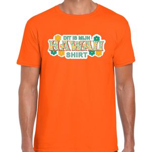 Hawaii shirt zomer t-shirt oranje met groene letters voor heren