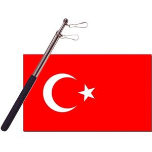 Landen vlag Turkije - 90 x 150 cm - met compacte draagbare telescoop vlaggenstok - supporters