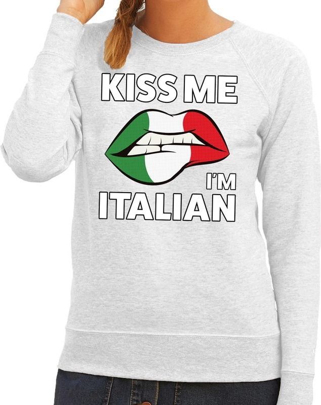 Kiss me I am Italian sweater grijs dames - feest trui dames - Italie kleding