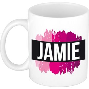 Jamie  naam / voornaam kado beker / mok roze verfstrepen - Gepersonaliseerde mok met naam