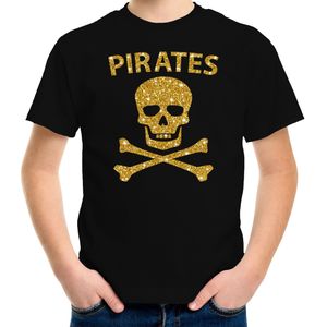 Carnaval piraten t-shirt zwart voor kids met gouden glitter bedrukking