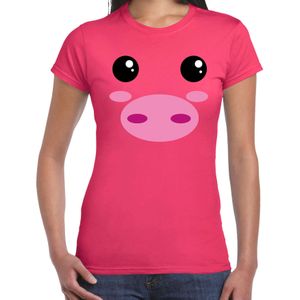 Varken / big gezicht verkleed t-shirt roze voor dames - Carnaval fun shirt / kleding / kostuum XS