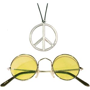 Hippie Flower Power Sixties verkleed set ketting met gele party bril
