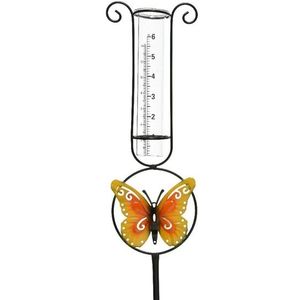 Metalen regenmeter tuindecoratie 33 cm metaal/glas met vlinder