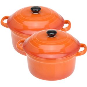 Set van 8x stuks mini stoofpannetjes/ovenschaaltjes met deksel oranje 9 cm van porselein