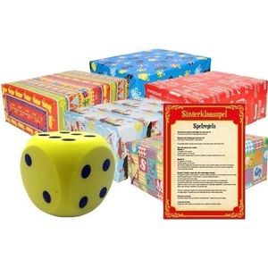 Sinterklaasavond/pakjesavond spel dobbelsteen geel en 12x cadeaupapier/inpakpapier rollen