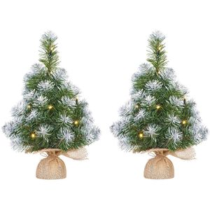 2x Mini kunst kerstboom met 10 LED lampjes en sneeuw 45 cm