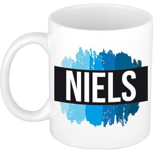 Niels naam cadeau mok / beker met verfstrepen - Cadeau collega/ vaderdag/ verjaardag of als persoonlijke mok werknemers