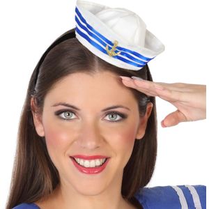 Atosa Verkleed diadeem mini hoedje - blauw/wit - meisjes/dames - Matroos/sailor thema