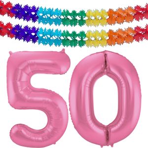 Leeftijd feestartikelen/versiering grote folie ballonnen 50 jaar glimmend roze 86 cm + slingers