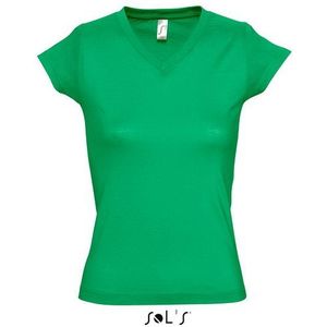 Dames t-shirt  V-hals grasgroen 100% katoen slimfit