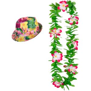 Hawaii thema party verkleedset - Hoedje Tropical print - bloemenkrans groen/roze- Tropical toppers