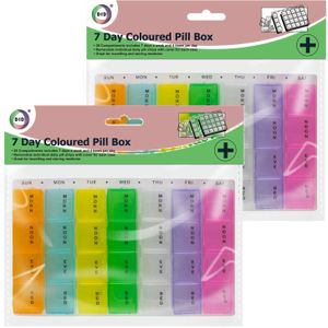 Multipak van 2x stuks gekleurde medicijnen doos/pillendoosjes 28-vaks wit 17 cm