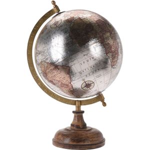 Decoratie wereldbol/globe creme metallic op houten voet D20 x H33 cm