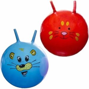 2x stuks speelgoed Skippyballen met dieren gezicht rood en blauw 46 cm