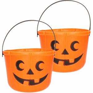 Halloween - 2x - pompoen snoepemmertje trick or treat - kunststof - oranje - 12 cm
