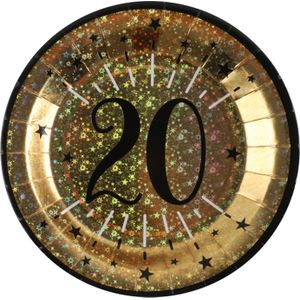 Santex verjaardag feest bordjes leeftijd - 10x - 20 jaar - goud - karton - 22 cm