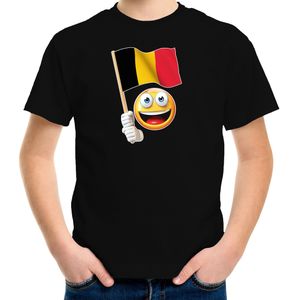 Belgie fan shirt met emoticon en Belgisch zwaaivlaggetje zwart voor kinderen