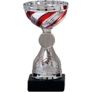 Luxe trofee/prijs beker - zilver - rode lijnen - kunststof - 19 x 10 cm - sportprijs