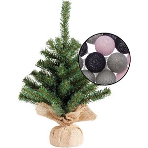 Mini kunst kerstboom groen met verlichting - in jute zak - H45 cm  - kleur mix grijs