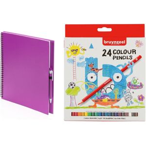 Roze schetsboek/tekenboek met 24 kleurpotloden