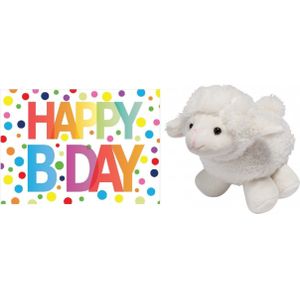 Pluche knuffel lammetje/schaap 16 cm met A5-size Happy Birthday wenskaart