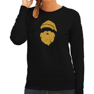 Kerstman hoofd Kerst sweater / trui zwart voor dames met gouden glitter bedrukking