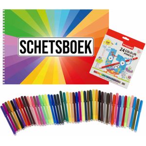 Schetsboek Kleurenwaaier thema A4 50 paginas met 50 viltstiften en 24 potloden